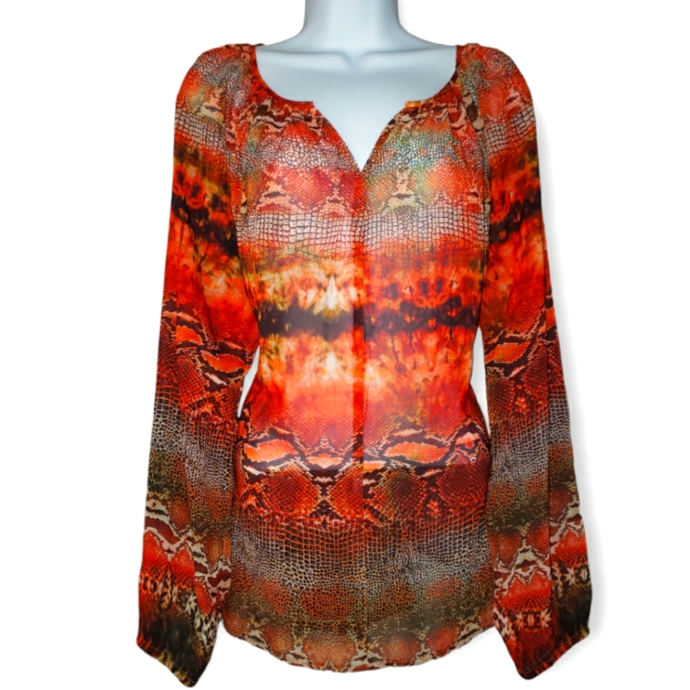 NWOT Karen Kane orange snakeskin  print semi sheer blouse top Womens Medium